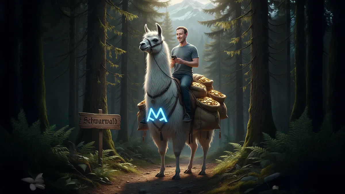 Zuckerberg spaziert auf einem Meta-Lama, vollgepackt mit Säcken voller Gold, durch den Schwarzwald
